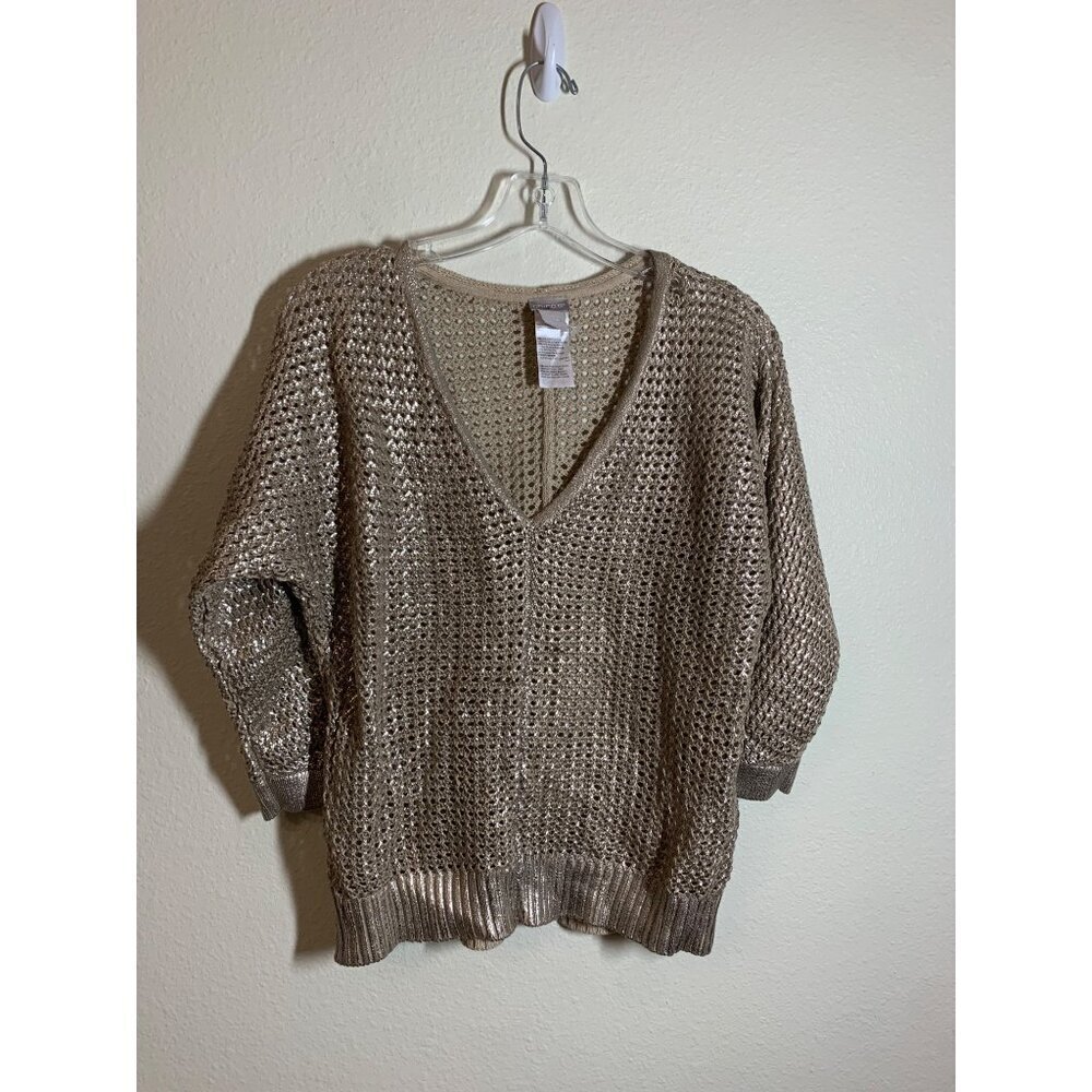 Chicos Metallic Open Knit Sweater Women's Size Small (Chicos 0) Gold Winter I10